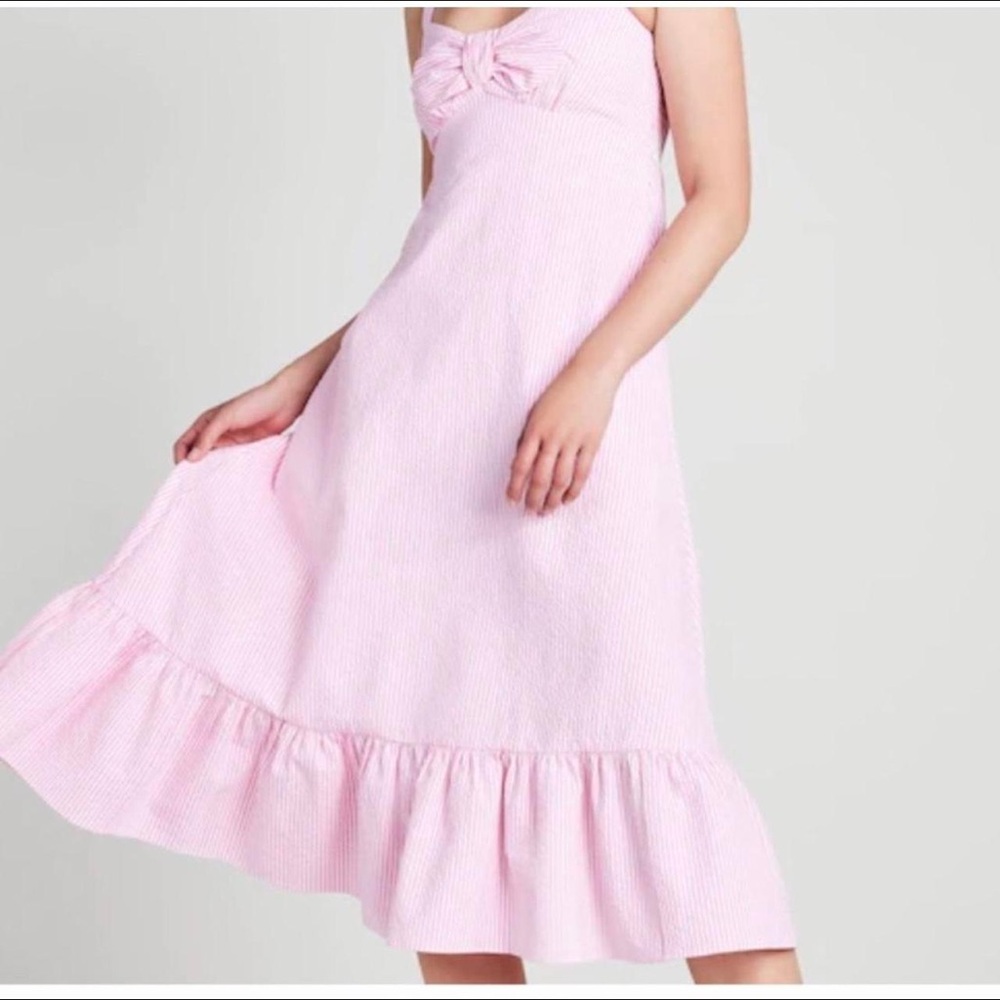 Kate Spade Pink Striped Seer Sucker Dress | Pink Smocked Midi Dress | Pink Bow